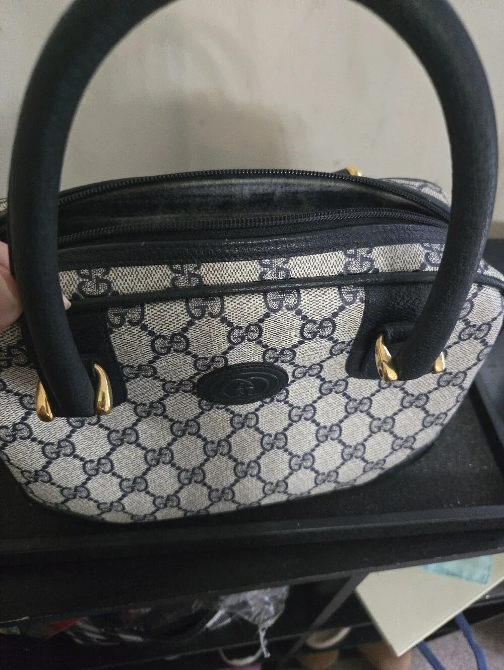Vintage Gucci Boston Doctor Bowling Satchel GG Monogram Navy With Gold Hardware
